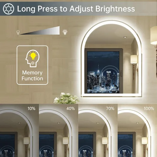 Miniatura 5 de Espejo LED arqueado para baño de 24 x 30 pulgadas, espejo de baño LED sin marco con luces, sin niebla, regulable, 3 cambios de color, inastillable