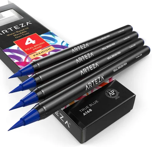 Miniatura 20 de Arteza Bolígrafos de pincel real, A174 gris delfín, paquete de 4, bolígrafos de acuarela con puntas de pincel de nailon, suministros de arte