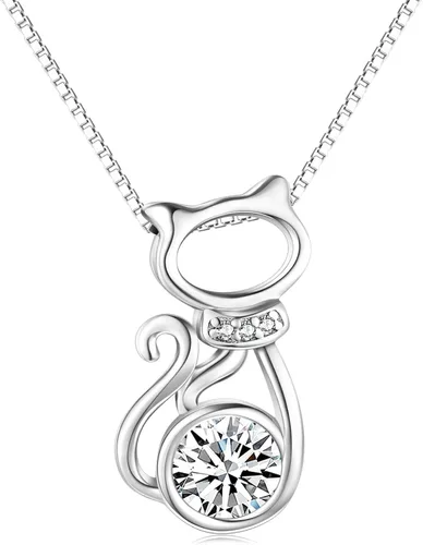 AOBOCO Collar con colgante de gato de plata de ley con cristal de piedra natal, delicados regalos de joyería para los amantes de los gatos