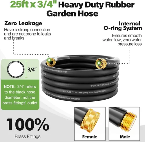 Miniatura 2 de SPECILITE Manguera de jardín de 3/4" 25 pies con boquilla de alto flujo, manguera de agua de goma híbrida flexible resistente para exteriores