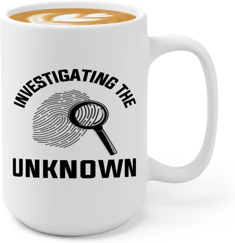Taza de café de detective de 15 onzas, color blanco - Investigando lo desconocido - oficial de policía policía patrulla detective sheriff aplicación