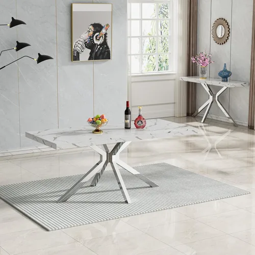 Miniatura 5 de HomVent Juego de mesa de comedor rectangular para 4, juego de mesa de cocina rectangular, juego de mesa de comedor de mármol sintético, juego