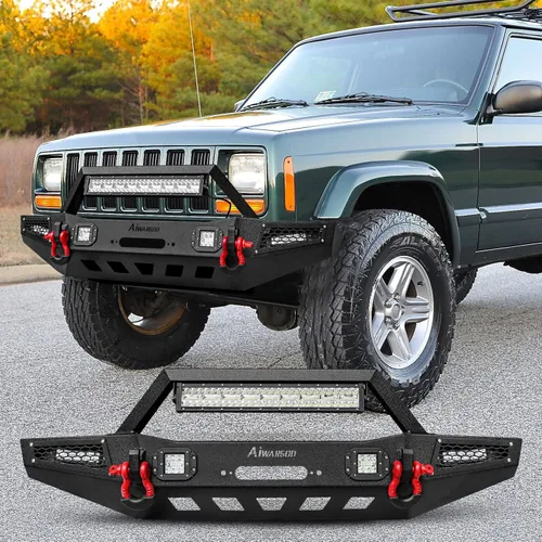 Miniatura 5 de Parachoques delantero para Cherokee XJ, AAIWA parachoques de acero con barra de luz LED y soporte de placa de cabrestante compatible con Cherokee XJ