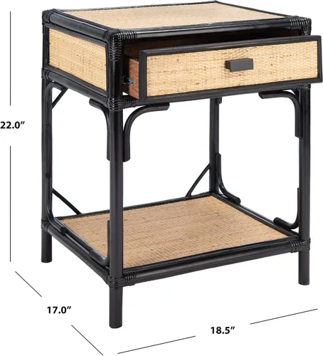 Miniatura 3 de SAFAVIEH Home Collection - Mesita de noche Roya negra y natural con cajón y estante, mesa de acento costera, marco estilo bambú y cajón de ratán