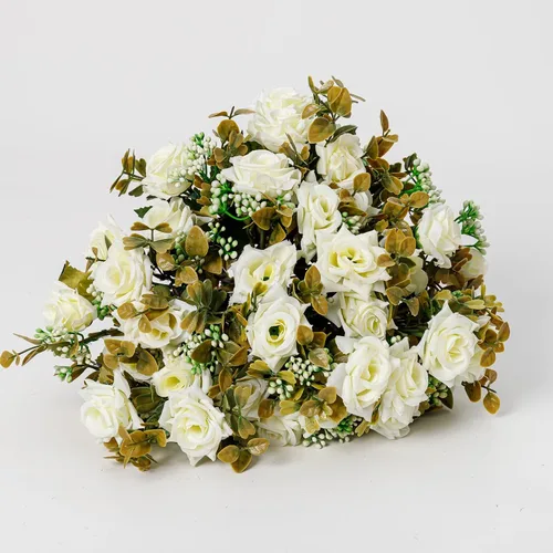 Miniatura 3 de Flores artificiales, 5 racimos, 24 rosas pequeñas de seda falsa, arreglo de flores de plástico para ramos de boda, decoración del hogar, centros