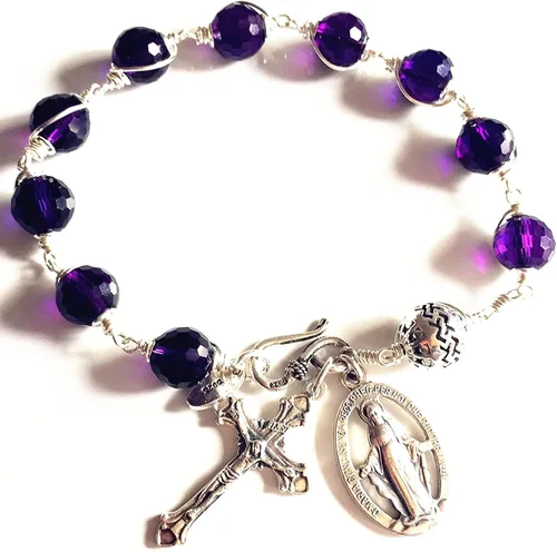 Eleganantmedical Hecho a mano natural 10MM amatista cristal Bali cuentas de plata de ley Cruz rosario católico pulsera regalo caja