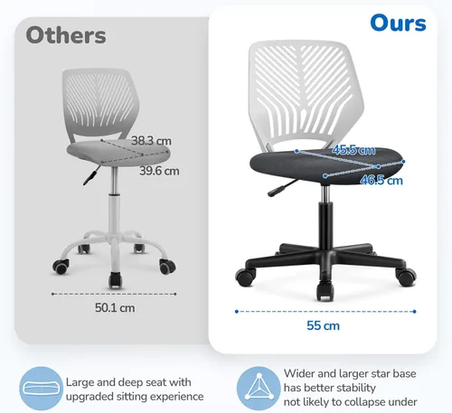 Miniatura 4 de Topeakmart Silla de escritorio sin brazos, soporte lumbar de malla, ergonómica, giratoria para espacios pequeños, gris oscuro