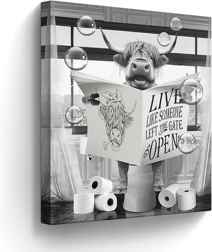 Miniatura 22 de Lienzo decorativo de osos divertidos para pared, cuadros en blanco y negro, decoración de pared de baño, oso sentado en el inodoro, lectura