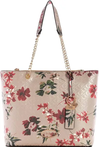 GUESS Bolso de mano con asa de cadena con estampado floral en relieve con logotipo Aubrianna para mujer, color rosa polvo