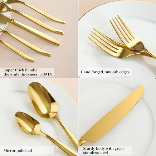 Miniatura 4 de Juego de cubiertos dorados de 20 piezas, cubiertos de acero inoxidable para 4, incluye cuchillo de carne, tenedor y cuchara, apto para lavavajillas