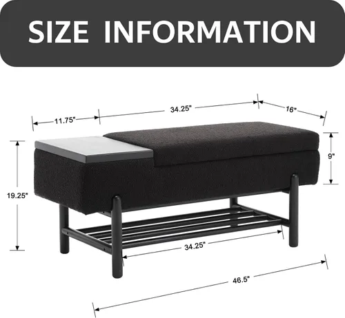 Miniatura 2 de ROCITY Banco de almacenamiento moderno negro con asiento de cojín y patas de madera, 46.5 x 19.25 x 16 pulgadas Lana de cordero negra