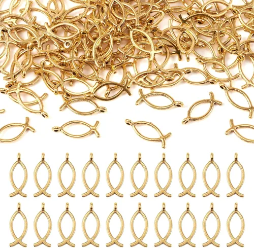 Miniatura 19 de Craftdady Pendientes colgantes de elefante dorado con suerte - Dijes de Jesús en oro antiguo, peces, hojas budistas, ojos malvados, amuletos