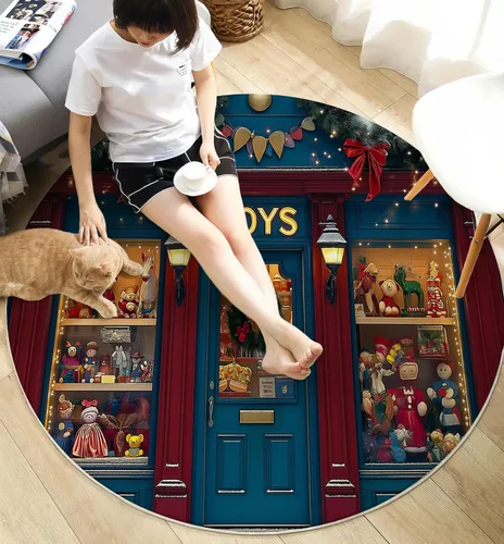 Miniatura 5 de Christmas Round Rug 6Ft Christmas Toy Window Display Washable Round Area Rug for Living Room Retro Theme Non Slip Soft Faux Wool Carpet Navy Blue
