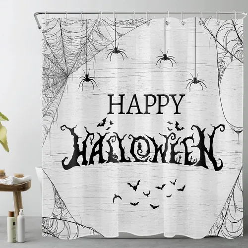 Miniatura 3 de LB Cortina de ducha de árbol muerto de terror y telaraña, cortina de ducha de baño, decoración de baño de Halloween, telón de fondo de madera