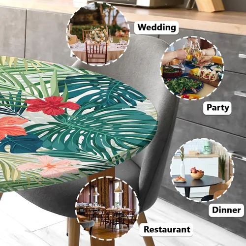 Miniatura 7 de Round Tablecloth Palm Flowers Fitted Tablecloth with Elastic Round Outdoor Tablecloths for Tables Waterproof Reusable Table Cover for Indoor and
