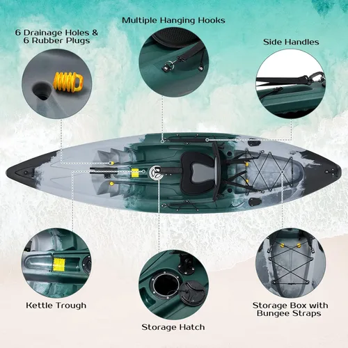 Miniatura 3 de Goplus Kayaks de pesca para adultos, 9.7 pies, kayak de turismo recreativo para una persona con paleta de aluminio, 4 soportes para caña de pescar