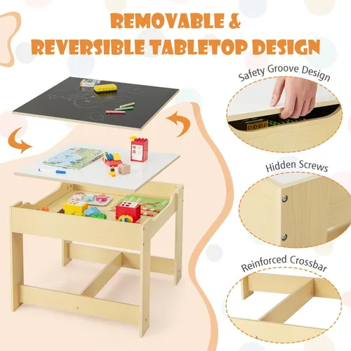 Miniatura 7 de HONEY JOY Mesa y sillas para niños, juego de actividades de madera 3 en 1 con almacenamiento, mesa desmontable, para arte, manualidades, dibujo