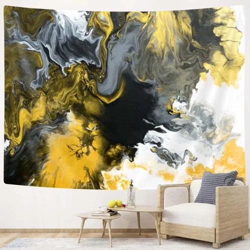 Bzhilja Tapiz de mármol, arte abstracto de pared negro y dorado, tapiz vintage blanco, gris, amarillo, tapiz para colgar en la pared, psicodélico,