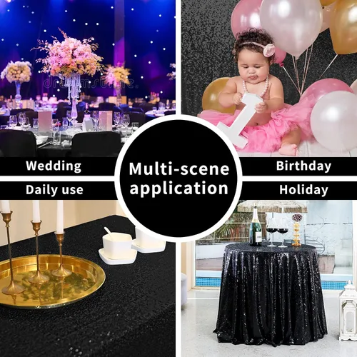 Miniatura 3 de Manteles redondos de lentejuelas negros para fiestas, de 121,9 cm, mantel redondo de purpurina ajustado, pequeño, lindo y dulce, para boda