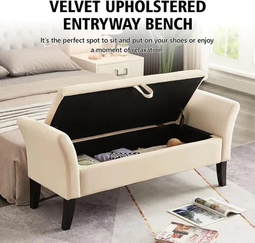 Miniatura 3 de NIOIIKIT Banco otomano tapizado de terciopelo de 51.5 pies con parte superior abatible, banco largo para dormitorio o sala de estar (beige)