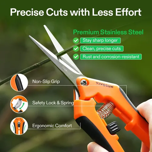 Miniatura 4 de VIVOSUN Paquete de 2 tijeras de jardinería de 6.5 pulgadas, tijeras de podar de mano con cuchillas rectas de acero inoxidable, color naranja