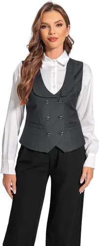 Miniatura 4 de Foucome Chaleco de doble botonadura para mujer, chaleco elegante con cuello de solapa