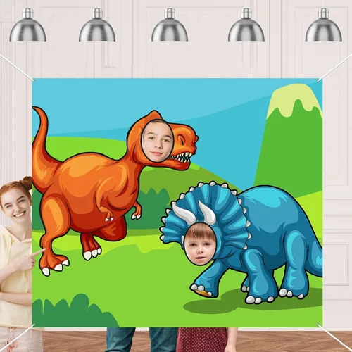 Lindo cartel de caricatura de dinosaurio Triceratops telón de fondo de cara de T-Rex juego de fiesta de juego de selva temática de dinosaurios