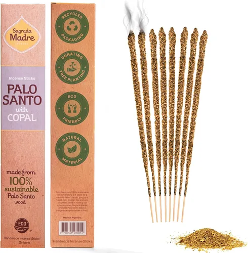 Miniatura 7 de Sagrada Madre 8 varillas de incienso de Palo Santo gruesas cosechadas salvajemente (a base de plantas), 9 pulgadas de largo, ecológicas, no tóxicas
