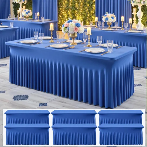 Miniatura 49 de Paquete de 2 manteles de elastano azul bebé de 6 pies con falda de mesa con volantes, manteles ajustables elásticos sin arrugas para mesas