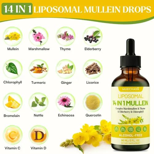 Miniatura 5 de Gotas de Gordolobo para Pulmones, Extracto Liposomal 14 en 1 de Hoja de Gordolobo para Pulmones, Gotas de Gordolobo con Saúco, Clorofila, Tomillo