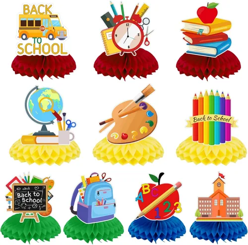 Decoraciones de interior para el regreso a clases, 10 juegos coloridos para el primer día de escuela, centros de mesa de nido de abeja, autobús