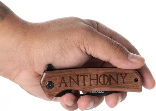 Miniatura 6 de Regalos para hombres, cuchillo de bolsillo de madera de nogal grabado personalizado - 36 iconos, 13 fuentes elegantes - Cuchillos personalizados