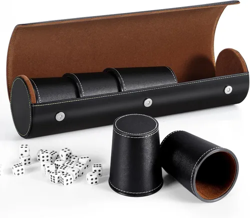 Miniatura 12 de Juego de tazas de cuero para dados, 5 tazas de dados negros + 25 dados + funda exclusiva de almacenamiento y transporte hecha de piel sintética