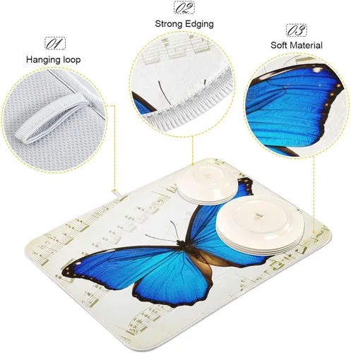 Miniatura 4 de Blue Butterfly Retro Musical Notes Dish Drying Mat, Reversible Coffee Mat, Quick Drying Dishes Draining Rack Pad for Kitchen Countertop Decor 18 x