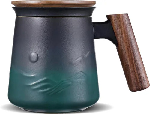 ZENS Taza de Té de Cerámica en Relieve con Infusor y Tapa, 14.5 oz, Asa de Madera, Tazas Infusoras de Té de Hojas Sueltas y Colador para Regalos de