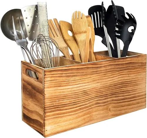 Organizador de utensilios de madera para mostrador, organizador grande de utensilios de madera para encimera, almacenamiento de herramientas de