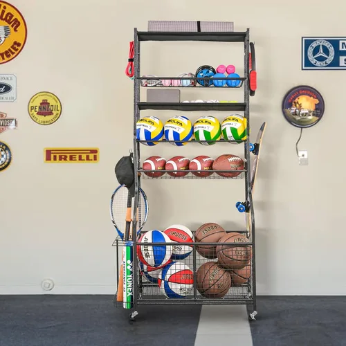 Miniatura 7 de Mythinglogic Organizador de garaje para equipos deportivos, almacenamiento de bolas de garaje para equipo deportivo y juguetes, carrito de bolas