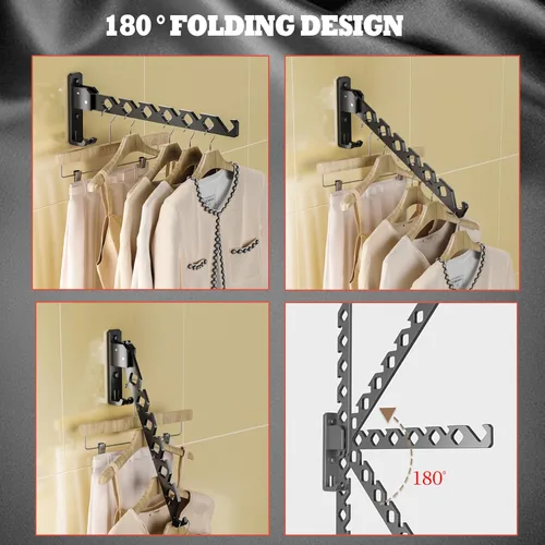 Miniatura 2 de Dr.DJ Soporte para colgar abrigos de pared, organizador de secado de ropa negra, ganchos de aluminio, retráctiles, plegables, para interiores