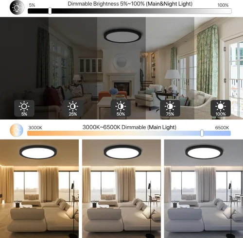 Miniatura 3 de Lámpara de techo LED regulable con control remoto, 24 W, 2640 lúmenes, 12 pulgadas, luz nocturna cálida de 2000 K y 3000 K-6500 K, moderna lámpara