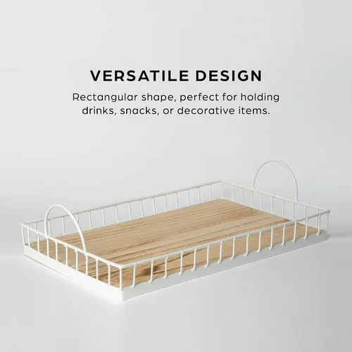 Miniatura 6 de Bandeja rectangular de madera para servir con marco de alambre, asas de metal, decorativa para mesa de café de comida, centro de mesa rústico