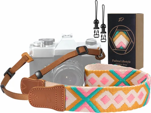 Miniatura 22 de Padwa Lifestyle Correa de cámara con rayas - 1.5" Correa suave de cuerda trenzada de algodón con cabezal de cuero vacuno Crazy Horse para el hombro