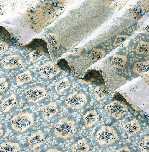 Miniatura 4 de All American Collection - Juego nuevo de colcha reversible de 3 piezas con diseño floral estampado, azul/verde. Incluye cortinas a juego disponibles