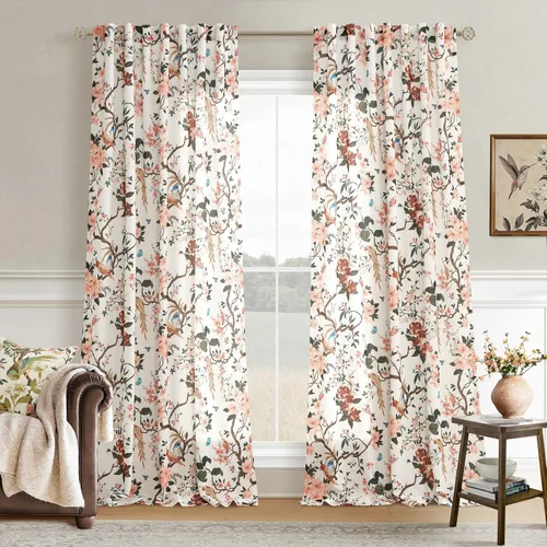 Miniatura 22 de Cortinas de lino florales azules y amarillas, estilo vintage, bohemio, de 63 pulgadas, 2 paneles con pestaña trasera para sala de estar