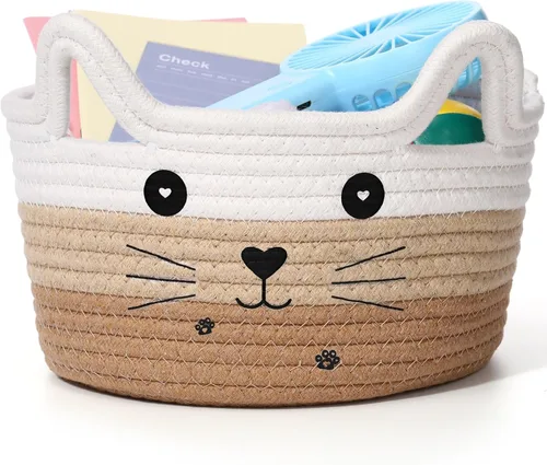 Miniatura 20 de Zopeal Cesta de almacenamiento tejida para gatos, organizador tejido con orejas, juguete decorativo de Navidad para mascotas, bonita canasta