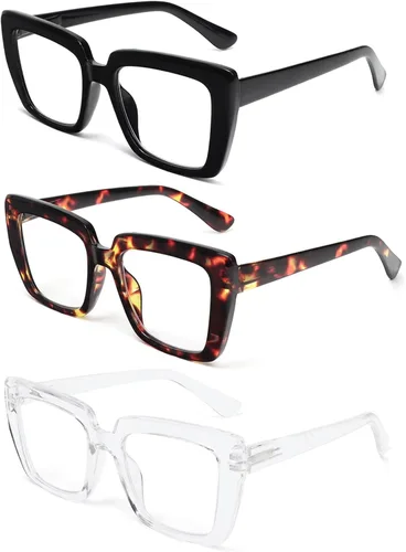 Miniatura 2 de REAVEE Paquete de 3 elegantes lentes de lectura para mujer, con bloqueo de luz azul, marco de gran tamaño con bisagra de resorte, lente transparente