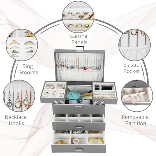 Miniatura 4 de Dajasan Caja organizadora de joyas, cajas de joyería para mujeres y niñas, 4 capas, caja de almacenamiento grande de joyería para aretes, anillos