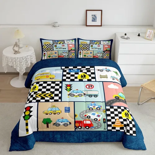 Manfei Juego de edredón de caricaturas para niños, tamaño individual, autobús escolar, camión de extinción de incendios, decoración de habitación de