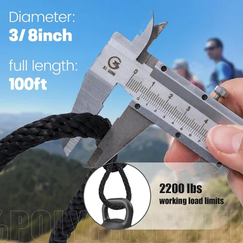 Miniatura 2 de Cuerda de polipropileno trenzado sólido de 3/8 de pulgada y 100 pies, cuerdas para exteriores, lazo grueso marino multiusos para camping y asta