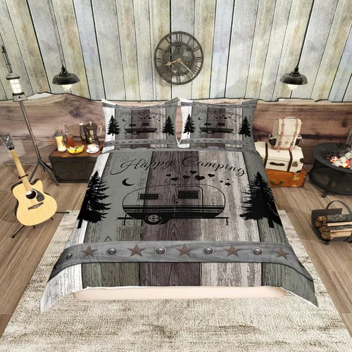 Miniatura 46 de Funda de edredón Happy Camping, juego de ropa de cama con temática de cámper para niños, funda de edredón de estilo rústico para decoración