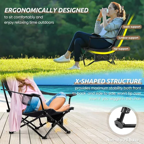 Miniatura 5 de HaSteeL Silla de playa plegable, sillas de camping negras plegables para exteriores, silla de playa baja portátil para adultos, pesca, picnic